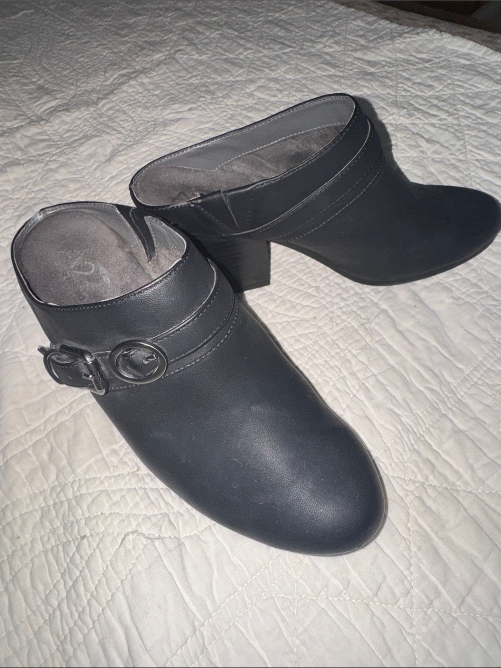 A2 By Aerosoles Black Leather Slip-On Buckle Block Heel Mules